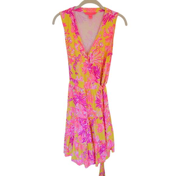 Lilly Pulitzer Folly Wrap Dress Pink Yellow XS Calla Yellow - Picture 3 of 7